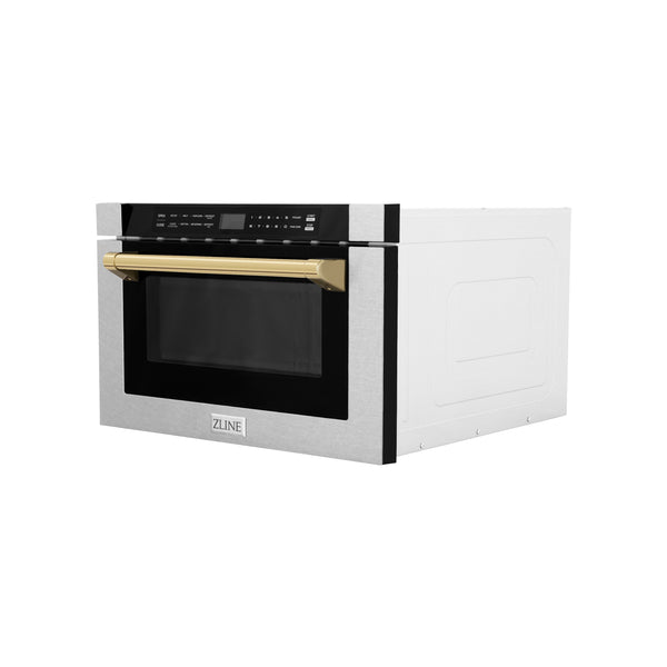 ZLINE Autograph Edition 24 in. 1.2 cu. ft. Built-in Microwave Drawer with a Traditional Handle in Satin Stainless Steel and Polished Gold Accents (MWDZ-1-SS-H-G)