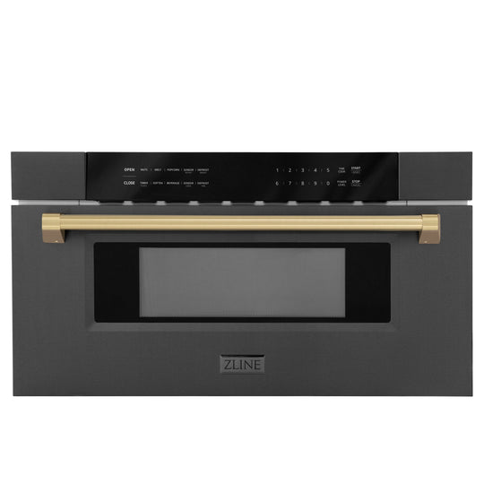 ZLINE Autograph Edition 30 in. 1.2 cu. ft. Built-in Microwave Drawer in Black Stainless Steel and Champagne Bronze Accents (MWDZ-30-BS-CB)