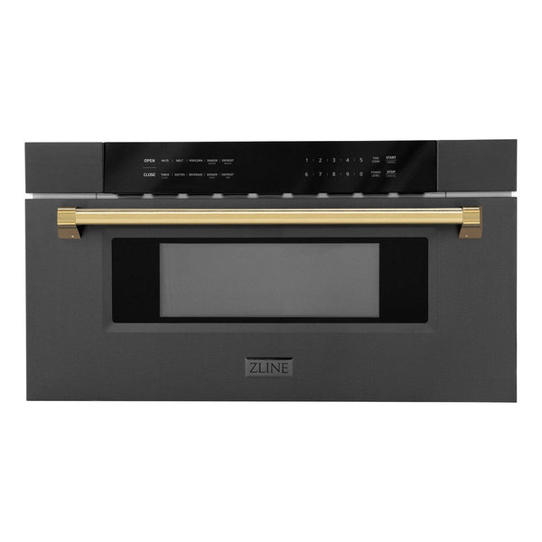 ZLINE Autograph Edition 30 in. 1.2 cu. ft. Built-in Microwave Drawer in Black Stainless Steel with Polished Gold Accents (MWDZ-30-BS-G) front.