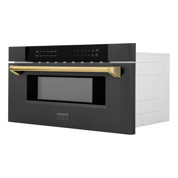 ZLINE Autograph Edition 30 in. 1.2 cu. ft. Built-in Microwave Drawer in Black Stainless Steel with Polished Gold Accents (MWDZ-30-BS-G) side, closed.