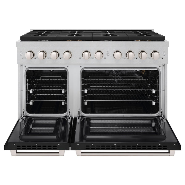 ZLINE 48 in. 6.7 cu. ft. Paramount Double Oven Gas Range with 8 Burner Cooktop in Satin Stainless Steel with Black Matte Doors (SGRS-BLM-48)