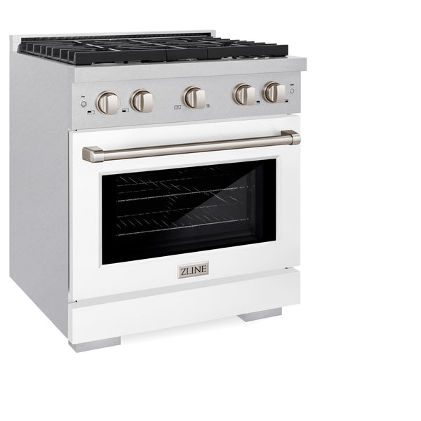 ZLINE 30 in. 4.2 cu. ft. Paramount Gas Range with 4 Burner Cooktop and Convection Gas Oven in Satin Stainless Steel with White Matte Door (SGRS-WM-30)