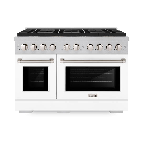 ZLINE 48 in. 6.7 cu. ft. Paramount Double Oven Gas Range with 8 Burner Cooktop in Satin Stainless Steel with White Matte Doors (SGRS-WM-48)