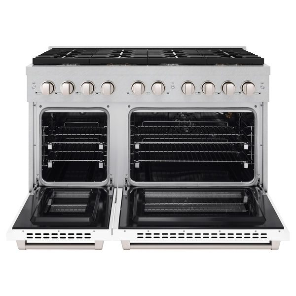 ZLINE 48 in. 6.7 cu. ft. Paramount Double Oven Gas Range with 8 Burner Cooktop in Satin Stainless Steel with White Matte Doors (SGRS-WM-48)