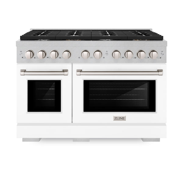 ZLINE 48 in. 6.7 cu. ft. Paramount Double Oven Gas Range with 8 Burner Cooktop in Satin Stainless Steel with White Matte Doors (SGRS-WM-48)