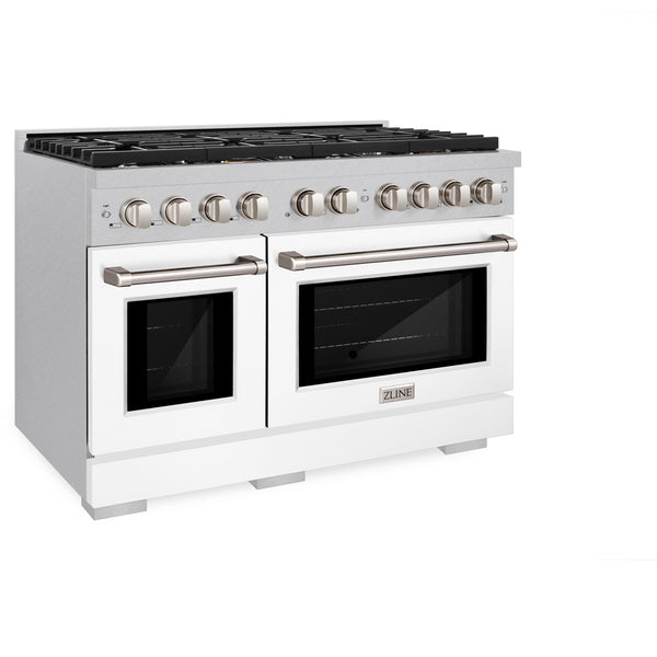 ZLINE 48 in. 6.7 cu. ft. Paramount Double Oven Gas Range with 8 Burner Cooktop in Satin Stainless Steel with White Matte Doors (SGRS-WM-48)