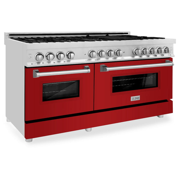 ZLINE 60 in. 7.4 cu. ft. Legacy Dual Fuel Range with 9 Burner Gas Cooktop and 2 Electric Convection Ovens in Stainless Steel and Red Gloss Doors (RA-RG-60)