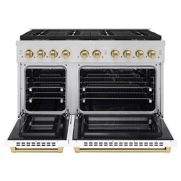 ZLINE Autograph Edition 48 in. 6.7 cu. ft. Paramount Gas Range with 8 Burner DuoPro™ Cooktop and Dual Ovens with White Matte Doors and Champagne Bronze Accents (PSGRZ-WM-48-CB)
