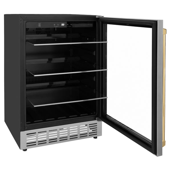 ZLINE 24" Autograph Edition 154 Can Beverage Cooler Fridge with Adjustable Shelves in Stainless Steel with Polished Gold  Accents (RBVZ-US-24-G)