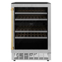 ZLINE 24" Autograph Edition Dual Zone 44-Bottle Wine Cooler in Stainless Steel with Wood Shelf and Polished Gold  Accents (RWVZ-UD-24-G)