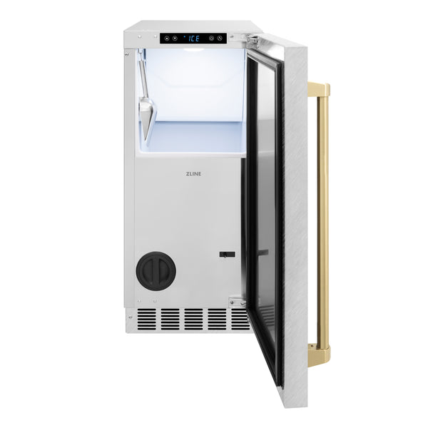 ZLINE Autograph Edition 15 in. Touchstone Clear Cube Ice Maker with Drain Pump and Satin Stainless Steel Door with Champagne Bronze Handle (ICCDZ-SN-15-CB)