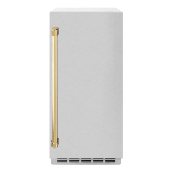 ZLINE Autograph Edition 15 in. Touchstone Clear Cube Ice Maker with Drain Pump and Satin Stainless Steel Door with Polished Gold Handle (ICCDZ-SN-15-G)