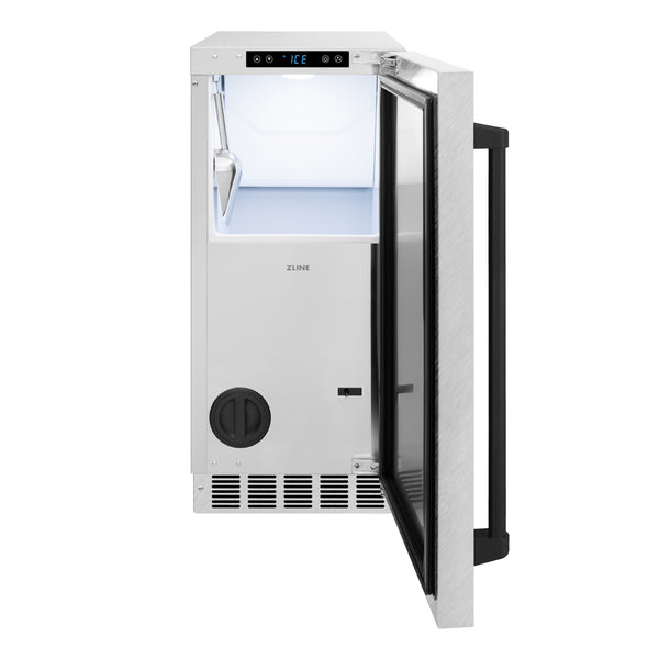 ZLINE Autograph Edition 15 in. Touchstone Clear Cube Ice Maker with Drain Pump and Satin Stainless Steel Door with Matte Black Handle (ICCDZ-SN-15-MB)
