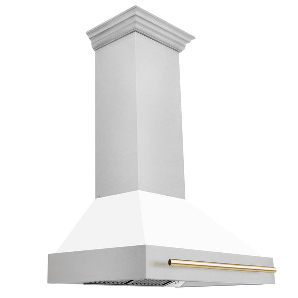 ZLINE Autograph Edition 36" Fingerprint Resistant Stainless Steel Range Hood with White Matte Shell and Polished Gold Handle (8654SNZ-WM36-G)