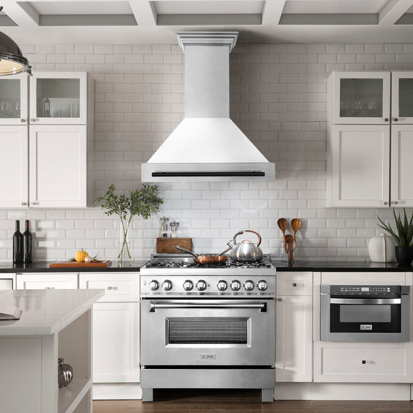 ZLINE Autograph Edition 36" Fingerprint Resistant Stainless Steel Range Hood with White Matte Shell and Matte Black Handle (8654SNZ-WM36-MB)