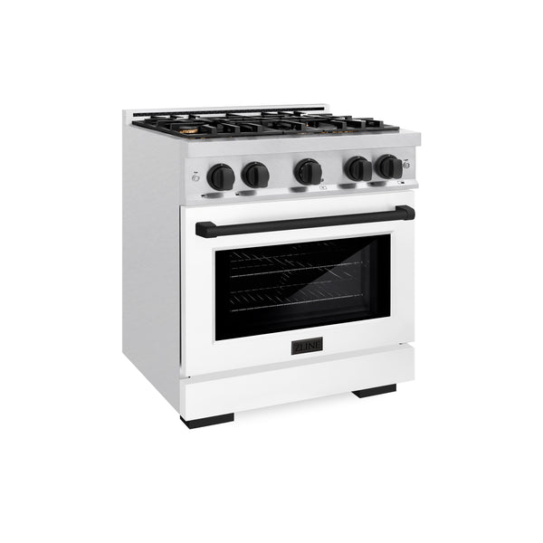 ZLINE Autograph Edition 30 in. 4.2 cu. ft. Select Gas Range with 4 Burner Cooktop and Convection Gas Oven in Satin Stainless Steel with White Matte Door and Matte Black Accents (HGRSZ-WM-30-MB)
