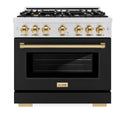 ZLINE Autograph Edition 36 in. 5.2 cu. ft. Select Gas Range with 6 Burner Cooktop and Convection Gas Oven in Satin Stainless Steel with Black Matte Door and Polished Gold Accents (HGRSZ-BLM-36-G)