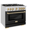 ZLINE Autograph Edition 36 in. 5.2 cu. ft. Select Gas Range with 6 Burner Cooktop and Convection Gas Oven in Satin Stainless Steel with Black Matte Door and Polished Gold Accents (HGRSZ-BLM-36-G)