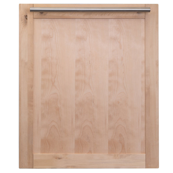 ZLINE 24 in. Top Control Dishwasher with Unfinished Wooden Panel and Modern Style Handle, 52dBa (DW-UF-24) front, closed.