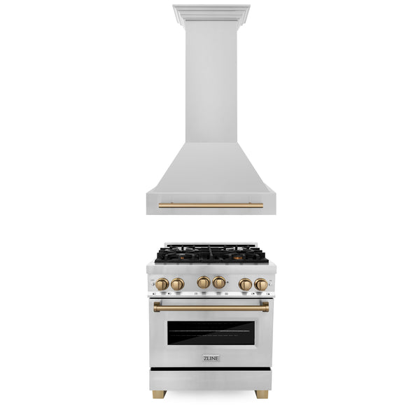ZLINE 30" Autograph Edition Kitchen Package with Stainless Steel Gas Range and Range Hood with Champagne Bronze Accents (2AKP-RGRH30-CB)