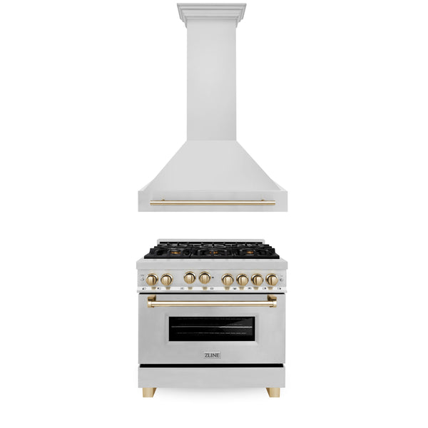 ZLINE 36" Autograph Edition Kitchen Package with Stainless Steel Gas Range and Range Hood with Polished Gold Accents (2AKP-RGRH36-G)