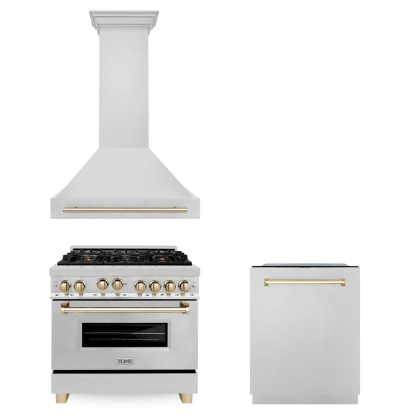 ZLINE 36" Autograph Edition Kitchen Package with Stainless Steel Gas Range, Range Hood and Dishwasher with Polished Gold Accents (3AKP-RGRHDWM36-G)