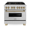 ZLINE Autograph Edition 36 in. 4.6 cu. ft. Legacy Dual Fuel Range with 6 Burner Gas Cooktop and Electric Convection Oven in Stainless Steel and Champagne Bronze Accents, Open Box-Good Condition