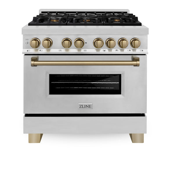 ZLINE Autograph Edition 36 in. 4.6 cu. ft. Legacy Dual Fuel Range with 6 Burner Gas Cooktop and Electric Convection Oven in Stainless Steel and Champagne Bronze Accents, Open Box-Good Condition