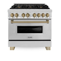 ZLINE Autograph Edition 36 in. 4.6 cu. ft. Legacy Dual Fuel Range with 6 Burner Gas Cooktop and Electric Convection Oven in Stainless Steel and Champagne Bronze Accents, Open Box-Great Condition