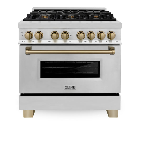ZLINE Autograph Edition 36 in. 4.6 cu. ft. Legacy Dual Fuel Range with 6 Burner Gas Cooktop and Electric Convection Oven in Stainless Steel and Champagne Bronze Accents, Open Box-Great Condition