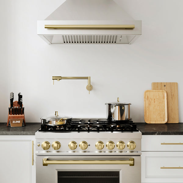 ZLINE Autograph Edition 36 in. 4.6 cu. ft. Legacy Dual Fuel Range with 6 Burner Gas Cooktop and Electric Convection Oven in Stainless Steel and Champagne Bronze Accents, Open Box-Great Condition