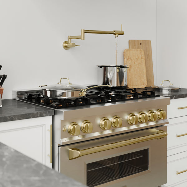 ZLINE Autograph Edition 36 in. 4.6 cu. ft. Legacy Dual Fuel Range with 6 Burner Gas Cooktop and Electric Convection Oven in Stainless Steel and Champagne Bronze Accents, Open Box-Great Condition