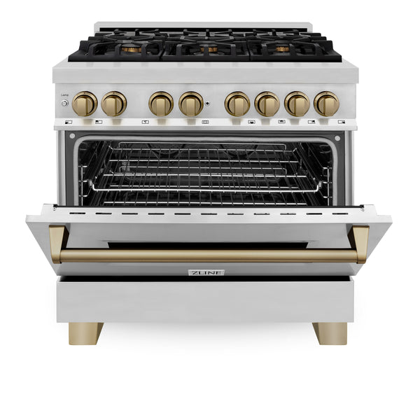 ZLINE Autograph Edition 36 in. 4.6 cu. ft. Legacy Dual Fuel Range with 6 Burner Gas Cooktop and Electric Convection Oven in Stainless Steel and Champagne Bronze Accents, Open Box-Great Condition