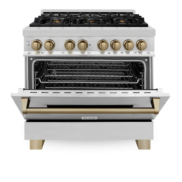 ZLINE Autograph Edition 36 in. 4.6 cu. ft. Legacy Dual Fuel Range with 6 Burner Gas Cooktop and Electric Convection Oven in Stainless Steel and Champagne Bronze Accents, Open Box-Good Condition