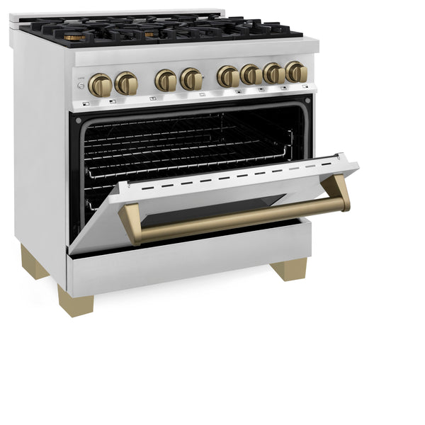 ZLINE Autograph Edition 36 in. 4.6 cu. ft. Legacy Dual Fuel Range with 6 Burner Gas Cooktop and Electric Convection Oven in Stainless Steel and Champagne Bronze Accents, Open Box-Great Condition