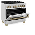 ZLINE Autograph Edition 36 in. 4.6 cu. ft. Legacy Dual Fuel Range with 6 Burner Gas Cooktop and Electric Convection Oven in Stainless Steel and Champagne Bronze Accents, Open Box-Good Condition