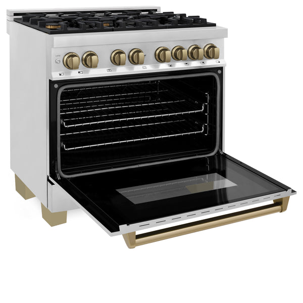 ZLINE Autograph Edition 36 in. 4.6 cu. ft. Legacy Dual Fuel Range with 6 Burner Gas Cooktop and Electric Convection Oven in Stainless Steel and Champagne Bronze Accents, Open Box-Great Condition