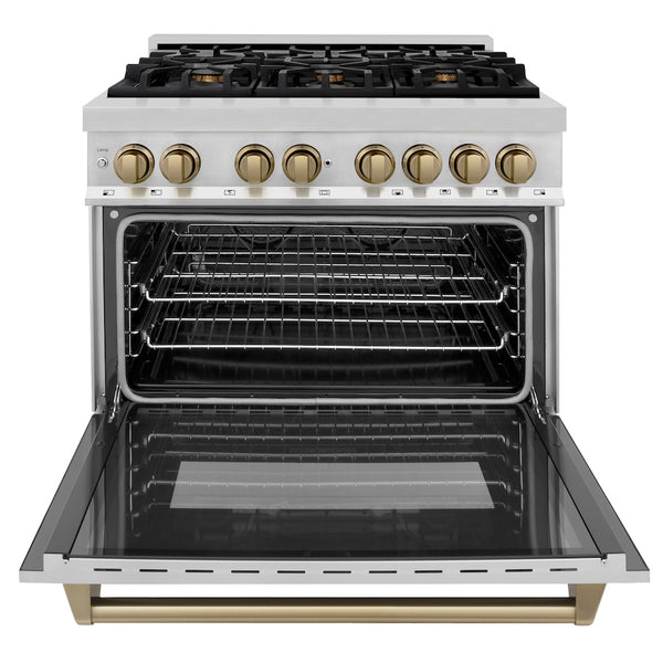 ZLINE Autograph Edition 36 in. 4.6 cu. ft. Legacy Dual Fuel Range with 6 Burner Gas Cooktop and Electric Convection Oven in Stainless Steel and Champagne Bronze Accents, Open Box-Good Condition
