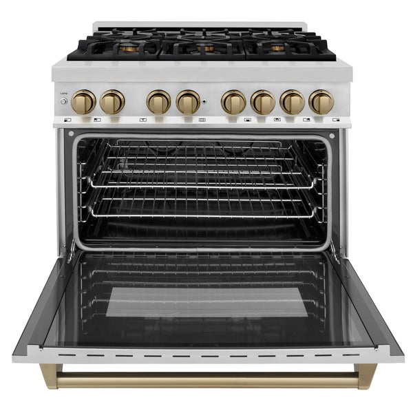 ZLINE Autograph Edition 36 in. 4.6 cu. ft. Legacy Dual Fuel Range with 6 Burner Gas Cooktop and Electric Convection Oven in Stainless Steel and Champagne Bronze Accents, Open Box-Great Condition