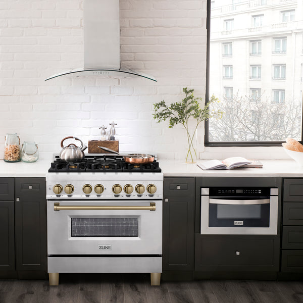 ZLINE Autograph Edition 36 in. 4.6 cu. ft. Legacy Dual Fuel Range with 6 Burner Gas Cooktop and Electric Convection Oven in Stainless Steel and Champagne Bronze Accents, Open Box-Great Condition