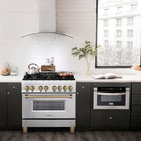 ZLINE Autograph Edition 36 in. 4.6 cu. ft. Legacy Dual Fuel Range with 6 Burner Gas Cooktop and Electric Convection Oven in Stainless Steel and Champagne Bronze Accents, Open Box-Good Condition