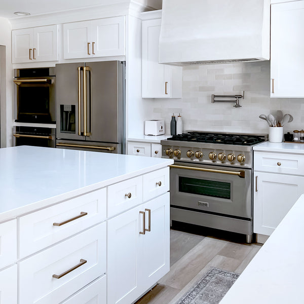 ZLINE Autograph Edition 36 in. 4.6 cu. ft. Legacy Dual Fuel Range with 6 Burner Gas Cooktop and Electric Convection Oven in Stainless Steel and Champagne Bronze Accents, Open Box-Great Condition