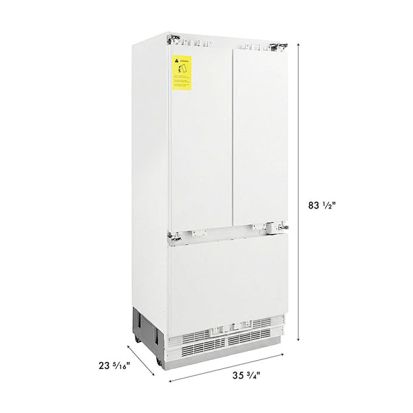 ZLINE 36 in. 19.6 cu. ft. Panel Ready French Door Built-In Bottom Freezer Refrigerator with Water Dispenser and Ice Maker, Open Box-Good Condition dimensional diagram.