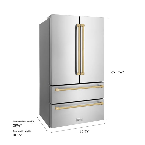 ZLINE Autograph Edition 36 in. 22.5 cu. ft. Counter-Depth French Door Refrigerator with Ice Maker in Fingerprint-Resistant Stainless Steel with Champagne Bronze Traditional Handles (RFMZ-36-CB)