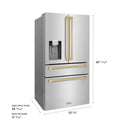 ZLINE Autograph Edition 36 in. 21.6 cu. ft. Counter-Depth French Door Refrigerator with Water and Ice Dispenser in Fingerprint-Resistant Stainless Steel with Champagne Bronze Traditional Handles (RFMZ-W-36-CB)