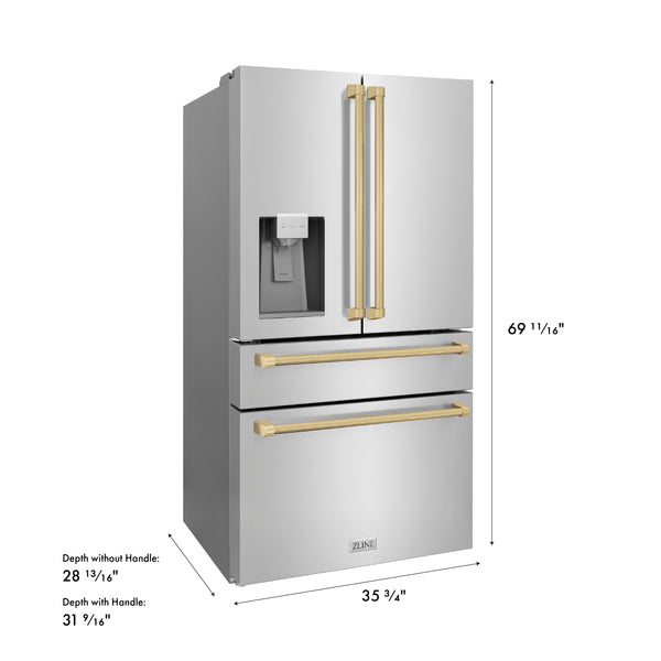 ZLINE Autograph Edition 36 in. 21.6 cu. ft. Counter-Depth French Door Refrigerator with Water and Ice Dispenser in Fingerprint-Resistant Stainless Steel with Champagne Bronze Traditional Handles (RFMZ-W-36-CB)