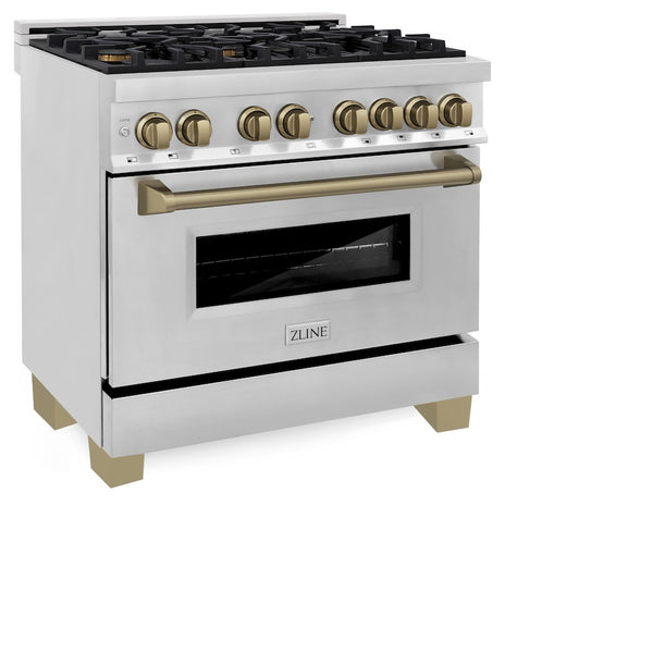ZLINE Autograph Edition 36 in. 4.6 cu. ft. Legacy Dual Fuel Range with 6 Burner Gas Cooktop and Electric Convection Oven in Stainless Steel and Champagne Bronze Accents, Open Box-Good Condition