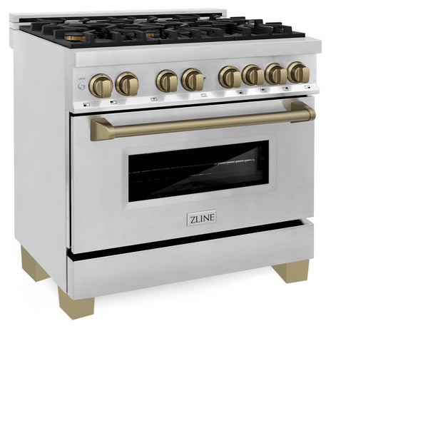 ZLINE Autograph Edition 36 in. 4.6 cu. ft. Legacy Dual Fuel Range with 6 Burner Gas Cooktop and Electric Convection Oven in Stainless Steel and Champagne Bronze Accents, Open Box-Great Condition