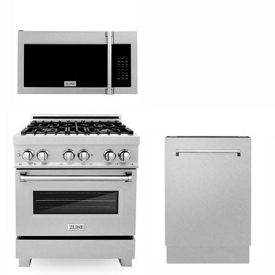 ZLINE 30 in. Kitchen Package with Satin Stainless Steel Dual Fuel Range, Over the Range Microwave and Tall Tub Dishwasher