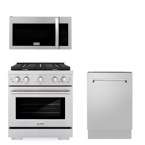 ZLINE 30" Kitchen Package with Stainless Steel Gas Range, Modern Over The Range Microwave and Tall Tub Dishwasher (3KP-SGROTR30-DWV)